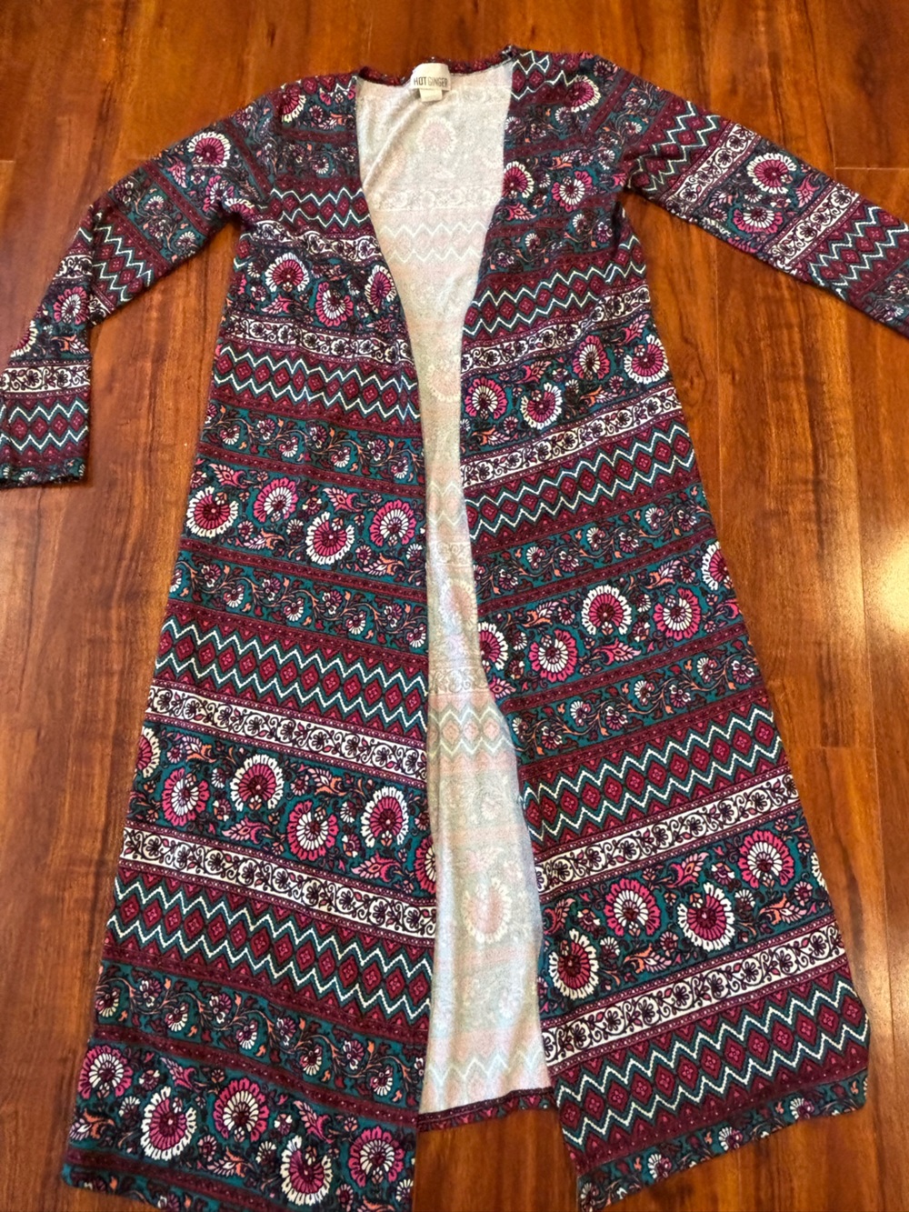 Boho Printed Long Open Front Duster - Burgundy Multi